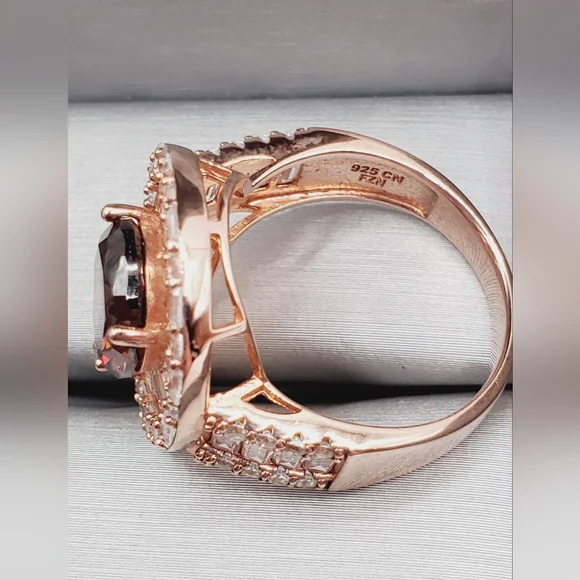 Smoky Quartz & Diamond Simulants 18k Rose Gold - 925 Silver Double Halo Ring - Picture 4 of 6